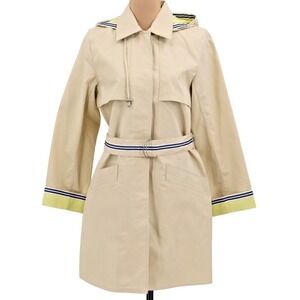 NWT‎ FLAW Dennis Basso Hooded Trench Coat Striped Trim Belted Size Small